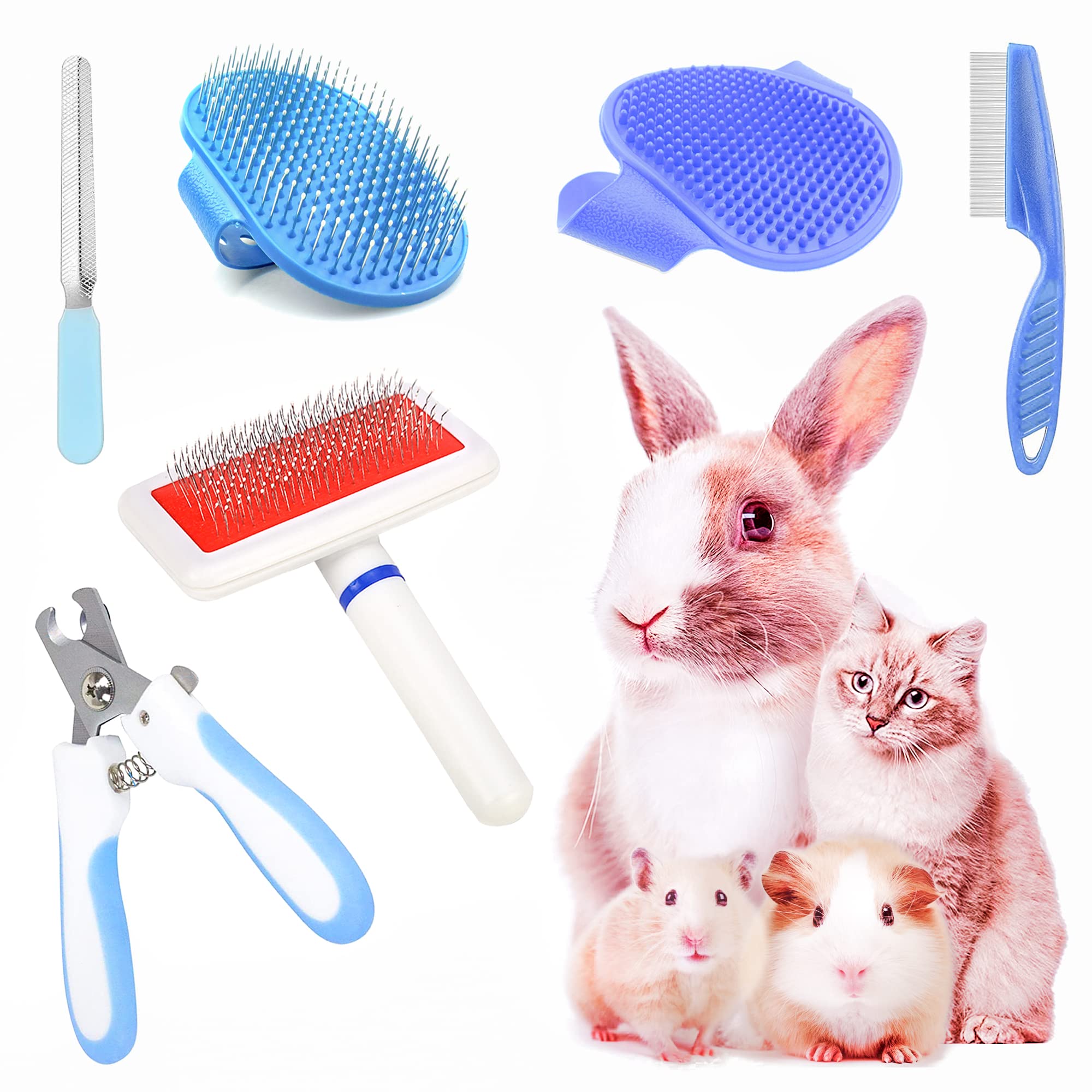 Grooming Kit with Pet Grooming Shedding Slicker Brush, Bath Massage Glove Brush, Nail Clipper, Flea Comb